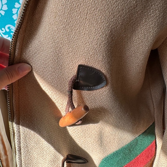 Tan Toggle Coat with Green and Red Accents Peacoat - Picture 5 of 8